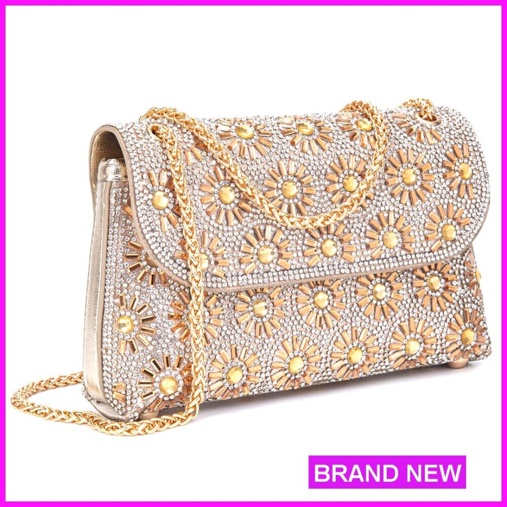 Rhinestone Evening Clutch Crossbody Bag Elegant Shiny Plum Blossom Pattern